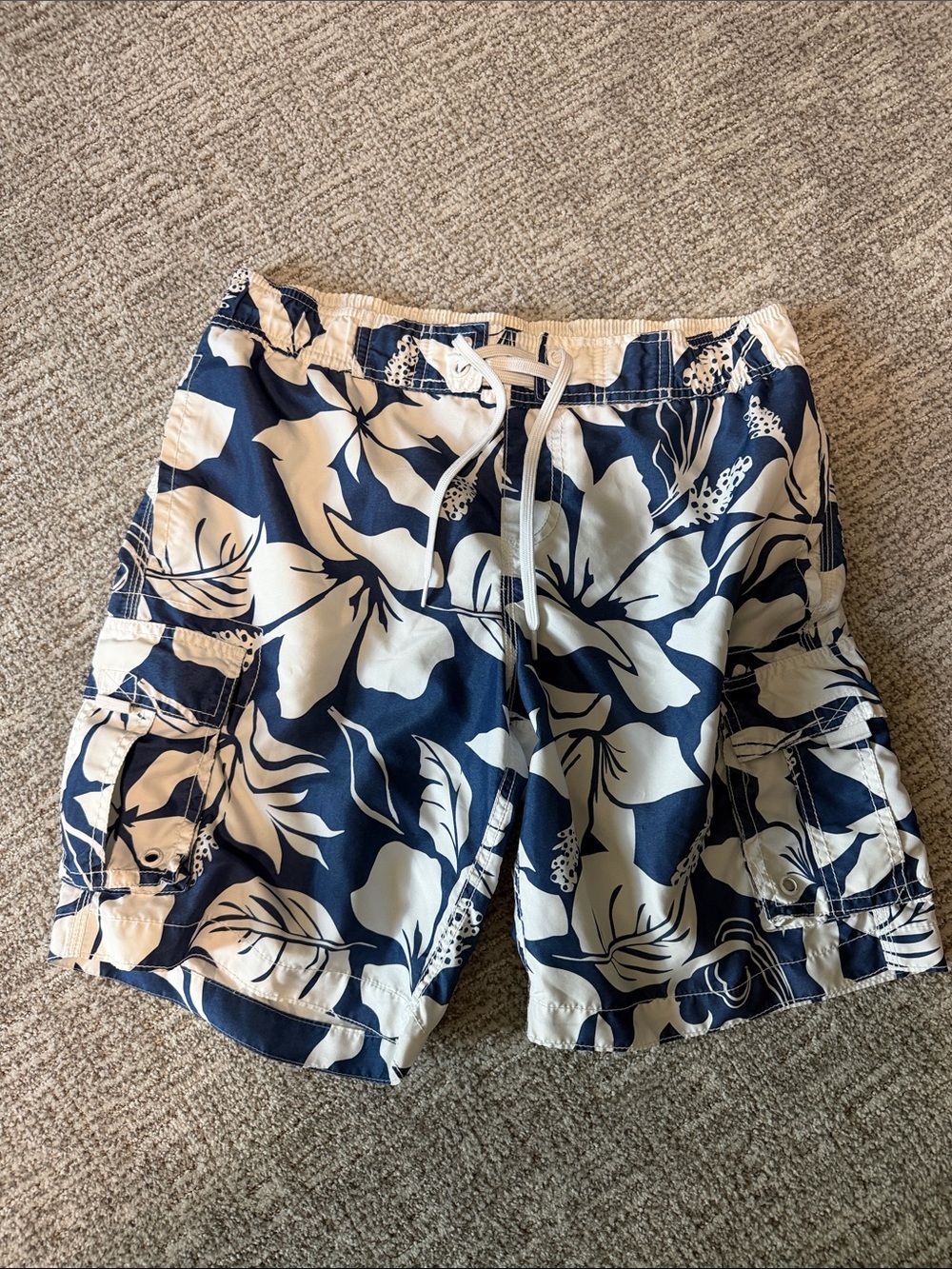Men's Navy & White Floral Old Navy Board Shorts with Cargo Pockets